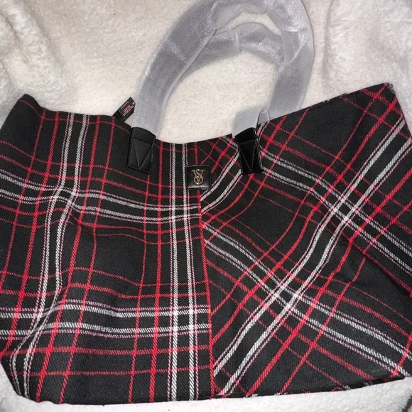 Victoria's Secret Black Plaid Tote with Red and White Trim - Picture 3 of 4